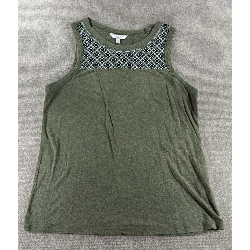 Lucky Brand Womens Tank‎ Top Medium Olive Green Embroidered Boho Linen Blend